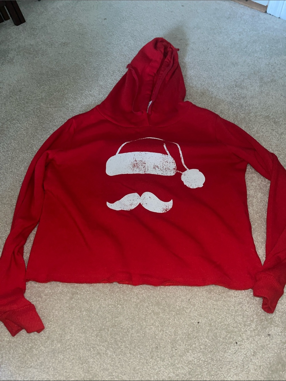 Women's Red Cropped Holiday Hoodie with Santa Mustache Graphic